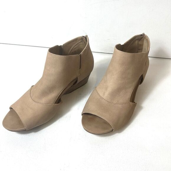 Naturalizer Womens 7.5M Wedge Wood Heel Zip Up Wrap Bootie Beige Nubuck Peep Toe - Picture 4 of 12